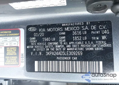 2020 Kia Rio S z USA, uszkodzony, nr VIN 3KPA24AD5LE309269